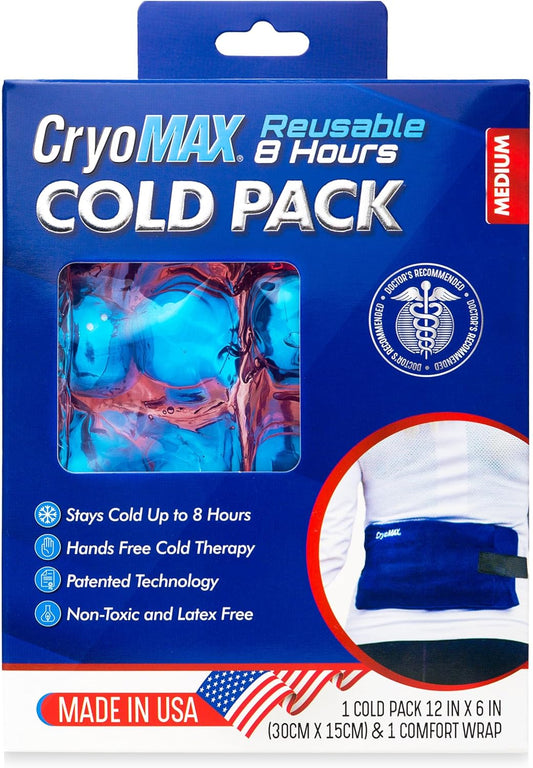 Cryo-Max Cold Pack, 8 Hour Reusable Cold Therapy Ice Pack for Elbows, Knees, Neck + More, Medium, 6" x 12" (1 Count)