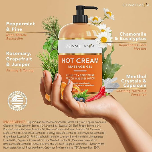 Cosmetasa Hot Cream for Belly - 87% Organic Cellulite Cream - Natural Sweat Cream Massage Gel - Cream for Stomach, Abdomen, Sore Joints, Muscles, Workout (16.9 oz)