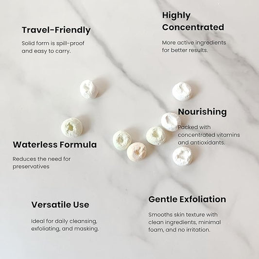 3-in-1 Solid Facial Cleanser, Exfoliator, and Wash-off Mask - Vegan, Cruelty-Free, Plastic-Free, Travel-Friendly, 1 Month Supply (60 Crushable Tablets) in Tin (Purifying Beans in Tin)