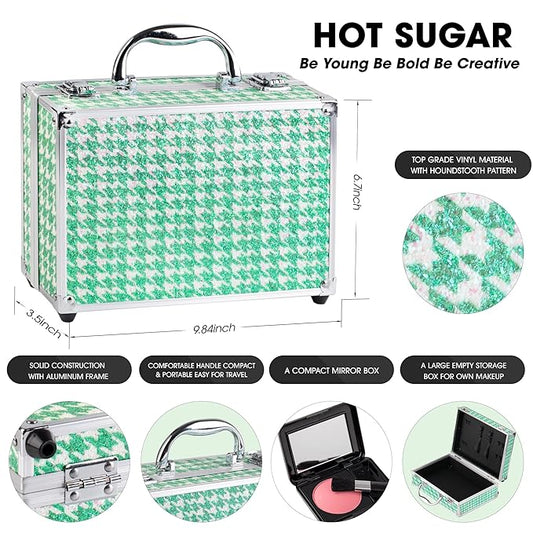 Hot Sugar Teen Makeup Kit for Girls 10-13 Full Starter Cosmetics Set with Eye Shadow Lip Balm Blush Lip Gloss Brush Lip Pencil Eye Pencil and Mirror (GREEN HOUNDSTOOTH)