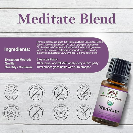 Meditate Blend USDA Certified Organic, 100% Pure and Premium, Undiluted, Meditation, Aromatherapy, Calm, Relax
