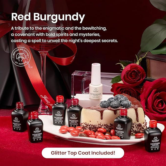 Beetles Red Gel Nail Polish Set with Top Coat, 6 Colors Popular Shimmer Red Burgundy Gel Polish Kit Nail Art Design Soak Off Uv LED Minicure DIY Home Gifts for Women