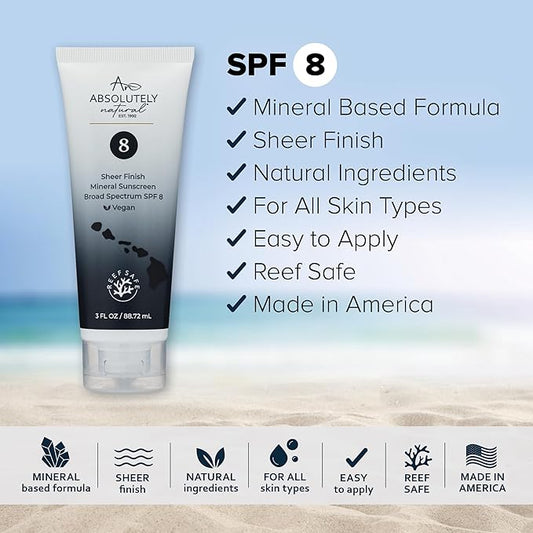 SPF 8 Mineral Sunscreen - Water Resistant Moisturzing Lotion for Body & Face - Non-Nano Zinc Oxide, Vitamin E - 3 Oz