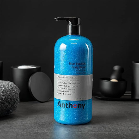 Anthony Exfoliating Body Scrub, Sea Salt, Vitamin C & Aloe Vera, Deep Cleans, Smooths Rough Patches, Soothes & Protects Skin, Hydrating Blue Sea Kelp Body Wash, 32 Fl Oz