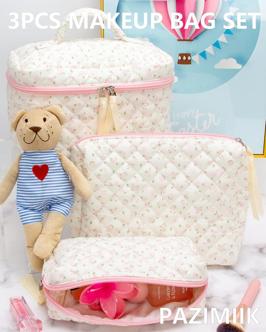 3PCS Makeup Bag SET Large Travel Quilted Zipper Soft Cosmetic Case Pouch for Women Girls Make Up,Little Flower Pink