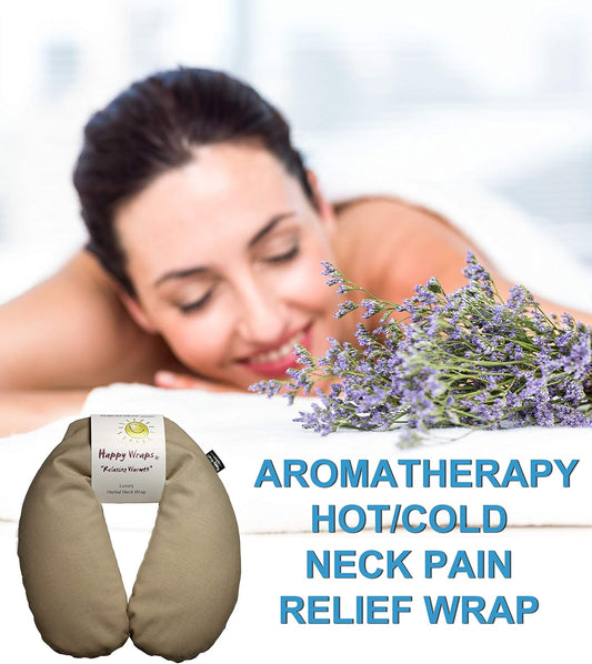 Microwavable Herbal Neck Wrap - Hot Cold Aromatherapy Neck Warming Pillow - Heating Pad for Migraines, Stress, Gifts for Women, Birthdays, Christmas and Free Sleep Mask - Tan Cotton