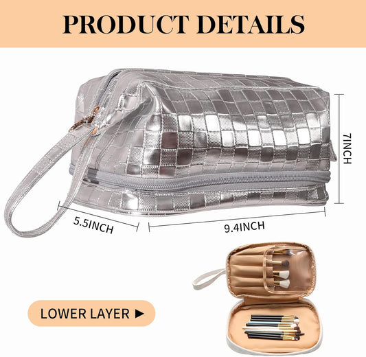 Abiudeng Large Capacity Makeup Bag Ladies Cosmetic Bag Travel Bag with Compartments Portable PU Leather Travel Makeup Bag with Handle
