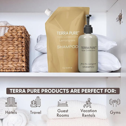 Terra Pure Spa Collection 1 Liter Shampoo Refill Bag For Soap Dispensers | Bulk Toiletries for Vacation Rentals, and Home Bathroom Showers | Green Tea Lemongrass | Single