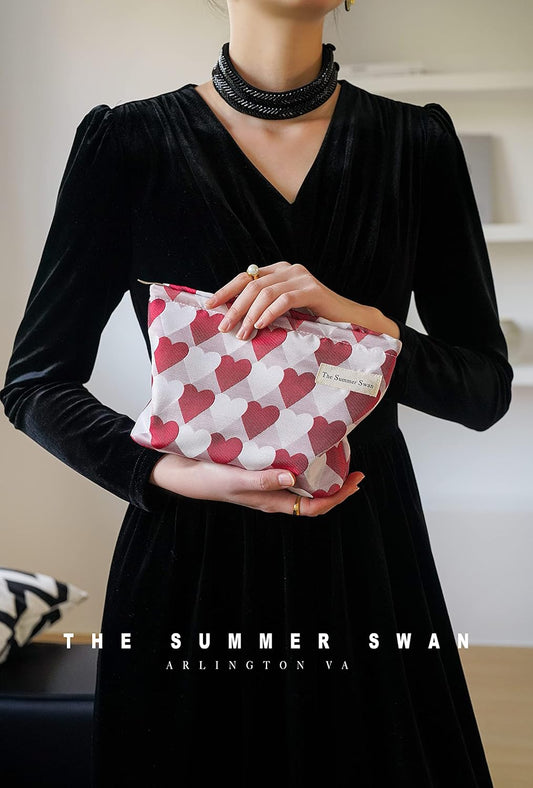 Summer Swan Large Floral Mid-day Clutch Period Kit Hygiene Skincare Cute Makeup Bag (Valentine Hearts Red)