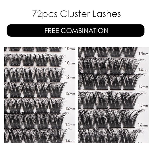 Cluster Lashes 72 Individual Lashes Clusters Eyelash Extensions False Eyelashes DIY Lash Extension Reusable False Eyelashes Natural Look Mix 10-16mm C D Curl-DM27