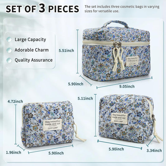 Cute Quilted Floral Makeup Bag(3Pcs),Coquette Aesthetic Cosmetic Bag,Travel Toiletry Bags, Kawaii Aesthetic pouch for Women (62-BlueVine)