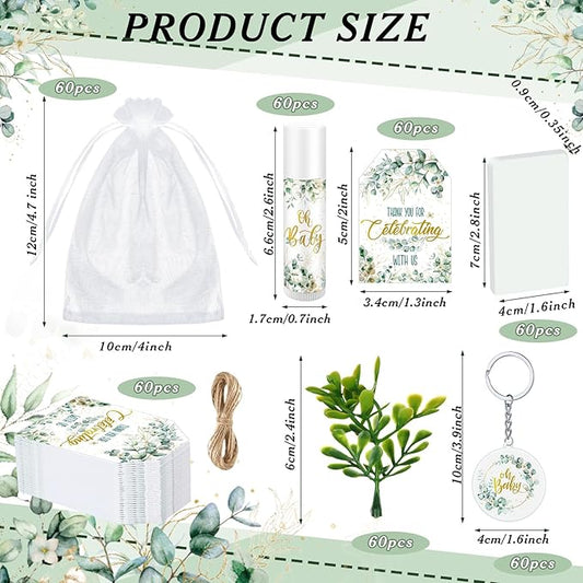 60 Sets 360 Pcs Lip Balm Soap Keychain Favors Eucalyptus Greenery Baby Shower Favors with Organza Bag Gift Card Faux Eucalyptus Greenery for Baby Shower Gift Gender Reveal Guest Prize