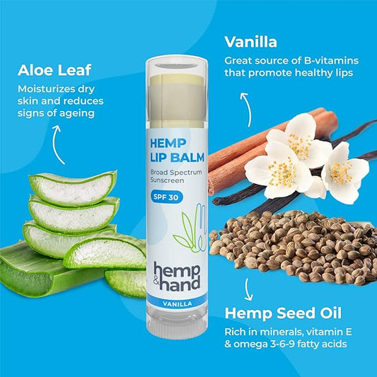 Organic Vanilla Hemp Lip Balm with Beeswax, Coconut Oil and Vitamin E - SPF 30 - by Hemp and Hand (1 Count (Pack of 4))