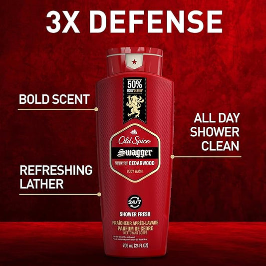 Old Spice Body Wash for Men, 24/7 Shower Fresh with Lasting Scent, Red Collection, Swagger with Cedarwood Scent, 24 fl oz (Pack of 2)