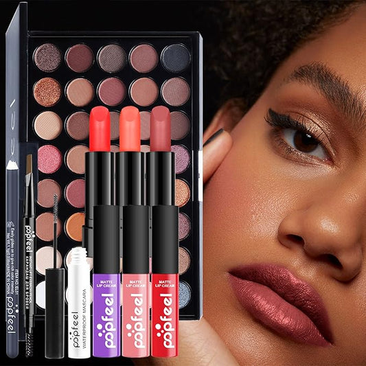 Makeup Kit For Women Full Kit, Naked Shimmer Eyeshadow Palette, Waterproof Black Eyeliner & Mascara, Makeup Tools Set, Lipstick, Premium Synthetic Foundation Powder for Medium to Dark Skin