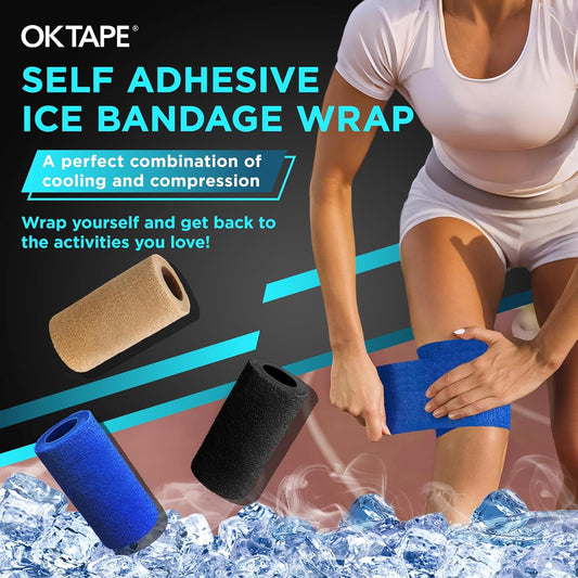 OK TAPE Ice Self Stick Bandage Wrap, Instant Cold Relief for Knee, Ankle, Wrist, Cold Compress Elastic Athletic Tape for Sports Injuries, No Refrigeration Needed, 4 Inch x 15 Feet, 2 Rolls, Beige