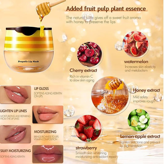 4Pcs Honey Lip Balm Honey Pot Strawberry & Propolis Balm Honey Lip Mask Hydrate Moisturizing Repair Prevent Lip Care Moisturizing Lip Balm Set