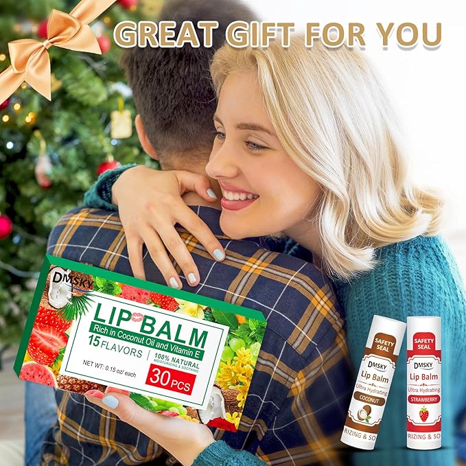 DMSKY 30 Pack Lip Balm, Natural Lip Balm Bulk with Vitamin E and Coconut Oil, Moisturizing Soothing Chapped Lips-15 Flavors