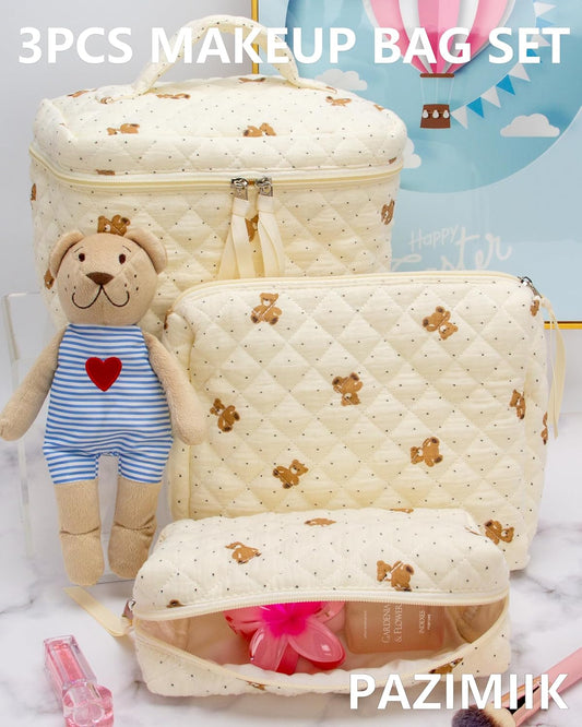 PAZIMIIK 3PCS Makeup Bag SET Large Travel Quilted Zipper Soft Cosmetic Case Pouch for Women Girls Make Up,Gauze Bear