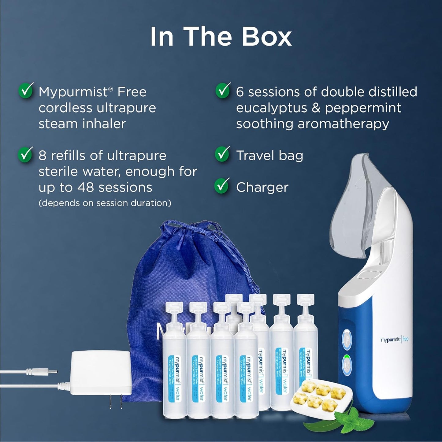 Mypurmist Free Premium Kit – Cordless Ultrapure Steam Inhaler with Water Refills, ScentPad, and Handsfree Strap – Personal Steamer Vaporizer Humidifier for Sinus Relief, Nasal Congestion, Cold