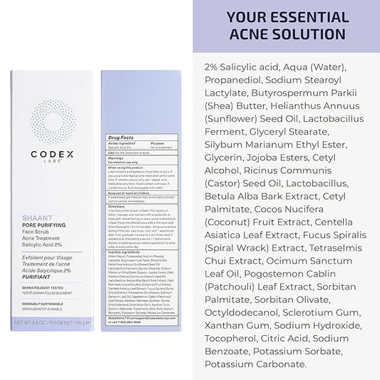 Codex Labs Shaant Pore Purifying Face Scrub - Oil Control Pore Minimizer Exfoliator - For Acne Prone, Oily Skin, All Skin Types - With 2% Salicylic Acid - Cruelty-Free, Vegan Skincare (100g)