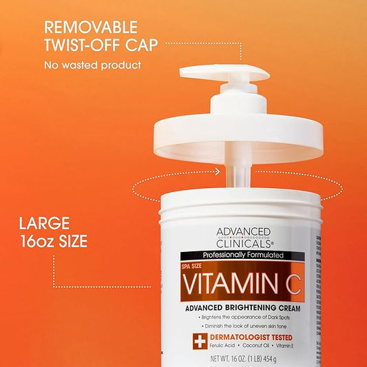Advanced Clinicals Brightening Vitamin C Body Cream + AHA Exfoliating 10% Glycolic Acid & Lactic Acid Lotion 2PC Skincare Set For Women & Men To Reduce Appearance Of Dark Spots & Uneven Skin Tone