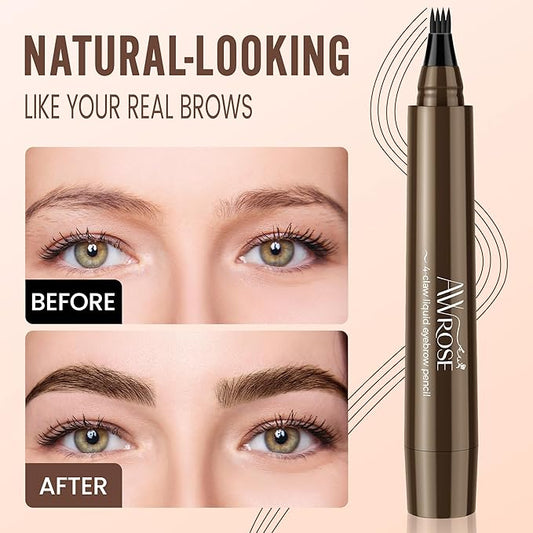 AWROSE Eyebrow Pencil, 2 Pack 3D Waterproof Microblading Eyebrow Pen 4 Fork Tip Tattoo Pencil, Precise Natural Magic Eye Brow Pen with Hair Like Strokes, 4 Points Multi-Used Eye Brow Pencils for Women