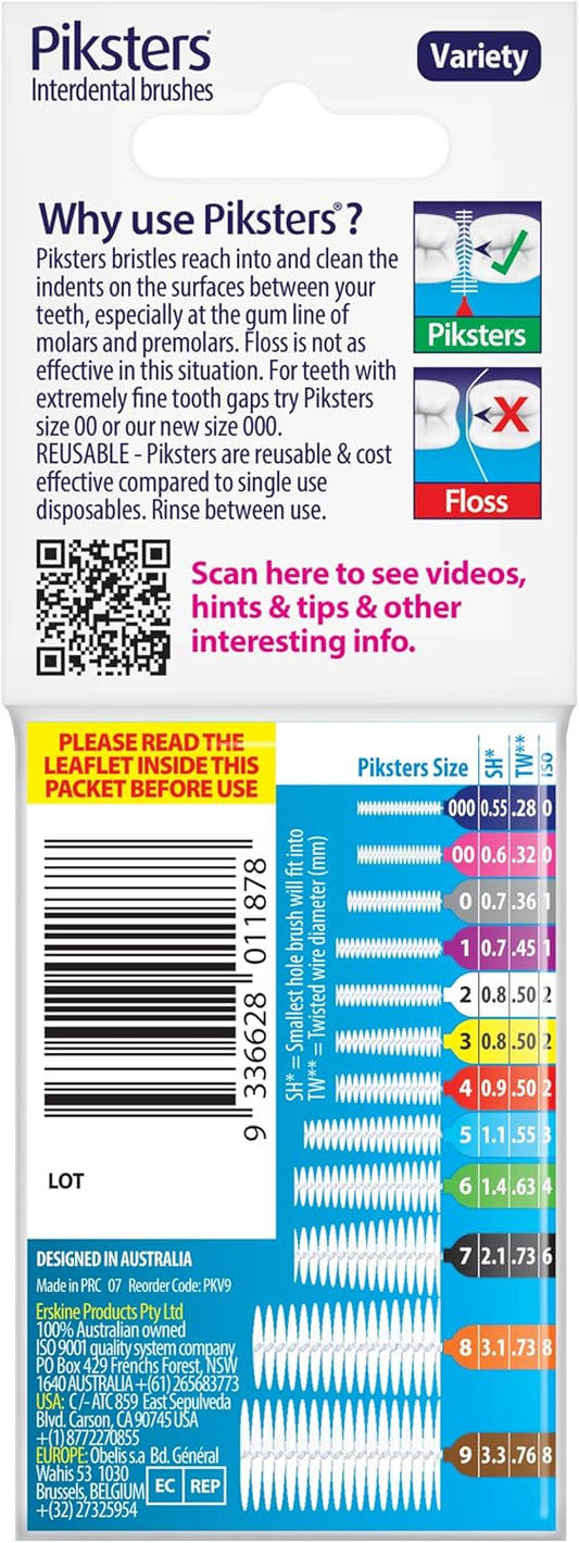 Piksters Interdental Brushes, Variety Pack Size 000-6, Interdental Tooth Brush for Extremely Tight Gaps to Large Teeth Gaps, Gum Soft Bristles for Plaque Removal, Safe for Braces (9 pk)