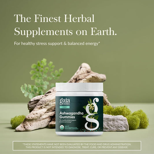 Gaia Herbs Organic Ashwagandha Gummies, Stress Support, Cinnamon, Ginger, Gluten Free, Vegan, 120 Count