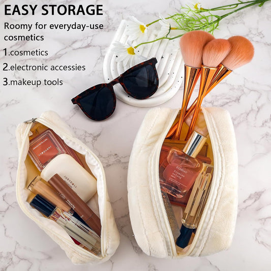 ZLFSRQ 2Pcs Pencil Case Cute Pencil Pouch for Teens Plush Makeup Bag Travel Cosmetic Bag Set White Makeup Pouches Purse Preppy Zippered Toiletry Bags Organizer Trendy Zipper Skincare Storage Organizer