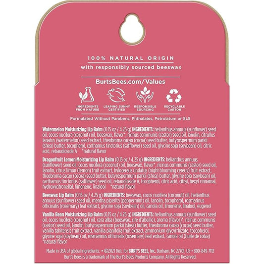 Burt's Bees Lip Balm, Moisturizing Lip Care, 100% Natural, Discover U - Original Beeswax, Watermelon, Dragonfruit Lemon & Vanilla (4 Pack)