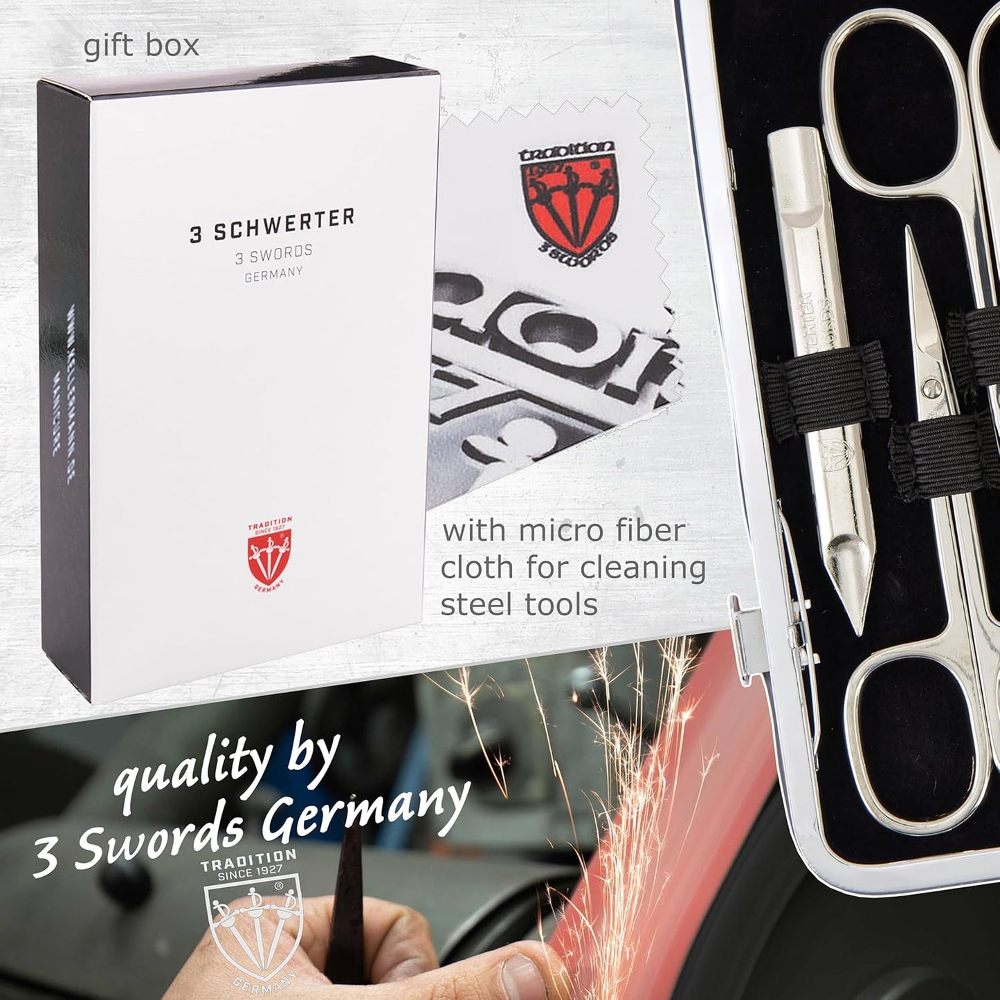 3 Swords Germany - brand quality 7 piece manicure pedicure grooming kit set for professional finger & toe nail care scissors clipper fashion leather case in gift box, Made by 3 Swords Germany (6301)