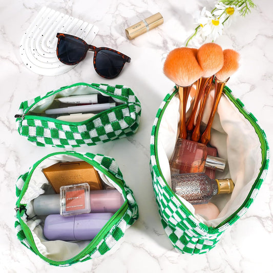 ZLFSRQ 3Pcs Checkered Makeup Bag for Women Large Small Checkered Cosmetic Bag Set Aesthetic Preppy Pencil Case Cute Pencil Pouch Green Makeup Pouch for Purse Travel Toiletry Bags Zipper Skincare Bags