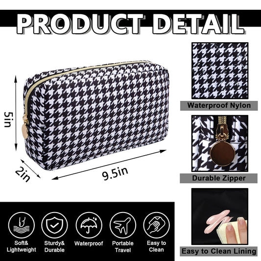 Small Makeup Bag Pouch for Purse,Nylon Travel Toiletry Storage Bag Cute Houndstooth Cosmetic Bag for Women Girls,Waterproof Makeup Organizer Bag Pouch Skincare Bag with Zipper (Small-Houndstooth)