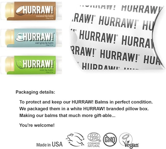 Hurraw! Coconut, Earl Grey, Mint Lip Balms, 3 Pack Bundle: Organic, Certified Vegan, Cruelty and Gluten Free. Non-GMO, 100% Natural Ingredients. Bee, Shea, Soy and Palm Free. Made in USA
