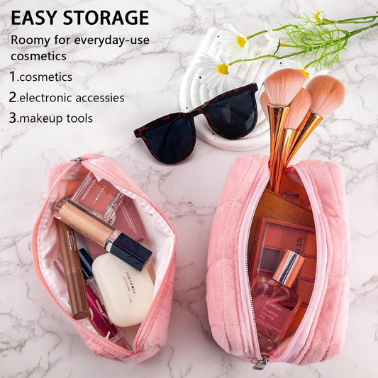 ZLFSRQ 2Pcs Pencil Case Cute Pencil Pouch for Teens Plush Makeup Bag Travel Cosmetic Bag Set Pink Makeup Pouches Purse Preppy Zippered Toiletry Bags Organizer Trendy Zipper Skincare Storage Organizer