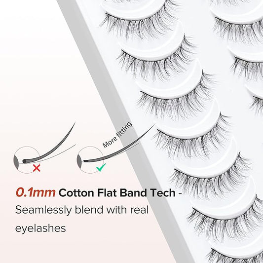 Natural Lashes Wispy False Eyelashes 10mm Short Lashes 3D Volume Strip Lashes Fake Eyelashes Siligli Lashes Thin Band Curly Eye Lashes Pack 10 pair