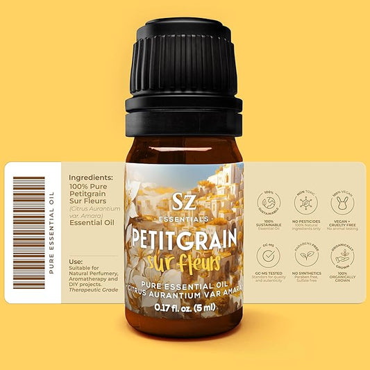 Petitgrain Sur Fleurs Essential Oil - 100% Pure and Undiluted - Extracted from Neroli-Bitter Orange Tree - Citrusy & Woody Scent with Fresh Neroli Floral Overtones - Therapeutic Grade