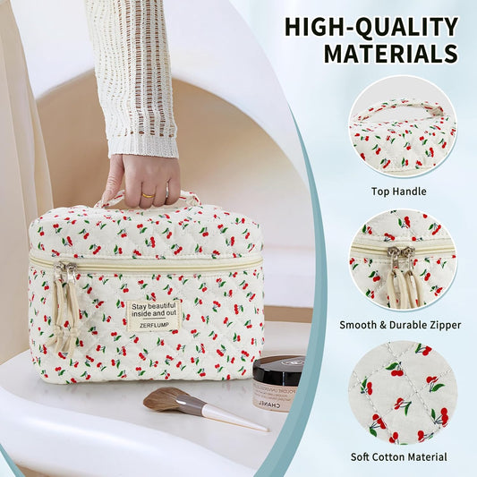 Cute Quilted Floral Makeup Bag(3Pcs),Coquette Aesthetic Cosmetic Bag,Travel Toiletry Bags, Kawaii Aesthetic pouch for Women (5 - Cherry)