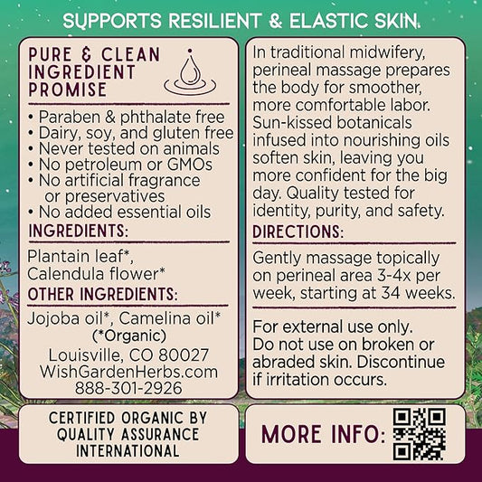 WishGarden Herbs Perineal Massage Oil - Certified Organic Herbal Oil Infusion with Plantain Leaf, Calendula & Jojoba Oil, Supports Skin Elasticity & Prevents Perineum Tearing During Childbirth, 2oz