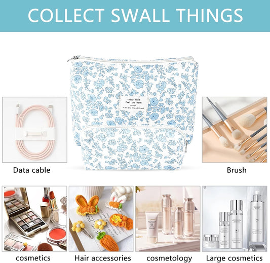 2Pcs Quilted Cotton Makeup Bag Travel Makeup Brush Bag Large Small Pouch Set for Women Floral Coquette Makeup Bags Cute Aesthetic Cosmetic Pouch Blue Toiletry Organizer Storage Bags
