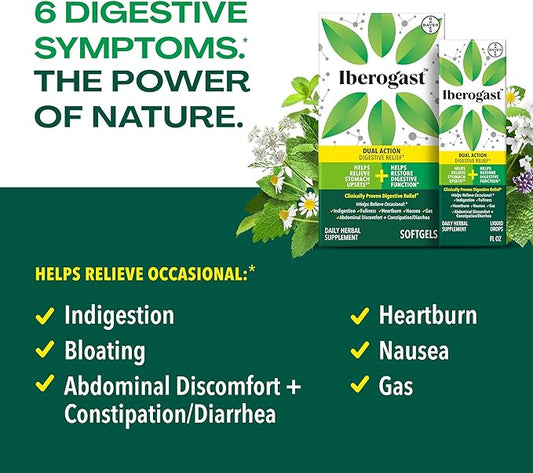 Iberogast Liquid Drops, Herbal Relief of Stomach Upsets: Occasional Indigestion, Bloating, Gas, Nausea, Upset Stomach; Gluten Free; 6-Herb Blend with Iberis Amara, Peppermint, Licorice; 50mL