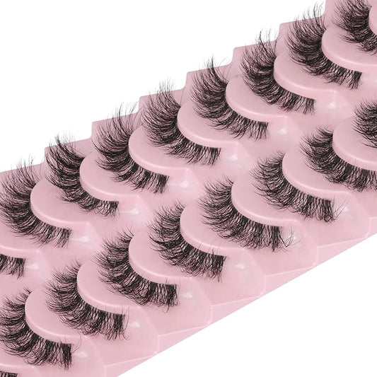 FANXITON Mink Lashes with Clear Band 15 MM 10 Pairs Cat-Eye Lashes Natural Look False Eyelashes Pack Wispy Eyelashes 3D Faux Mink Eyelashes