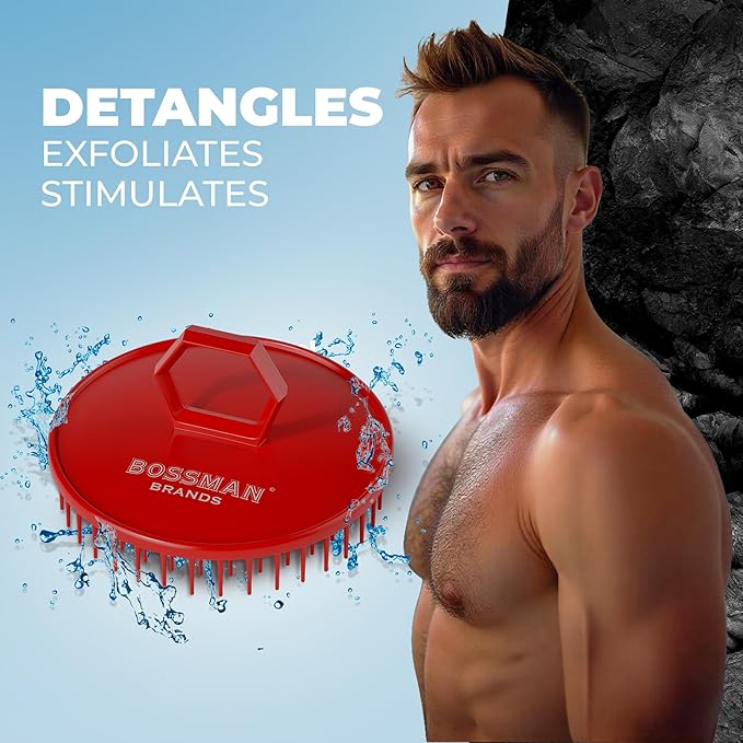 Bossman Scalp Massager & Shampoo Brush (3-inch, Red) – Head Scrubber, Beard Exfoliator & Dandruff Control for Hair & with Firm Bristles