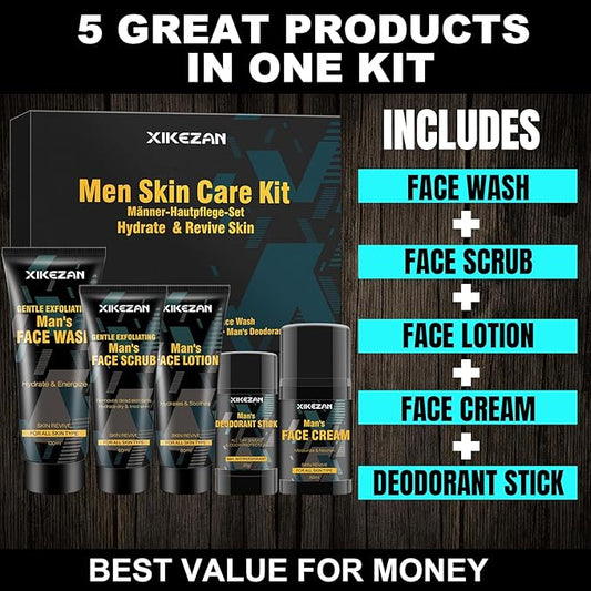 Mens Gifts for Men,Mens Skin Care Kit,Nourishe & Hydrate Skin w/Face Wash,Scrub,Lotion,Cream,Deodorant,Mens Stocking Stuffers for Men,Unique Christmas Gifts for Men Him Dad Husband Boyfriend Teen Boy