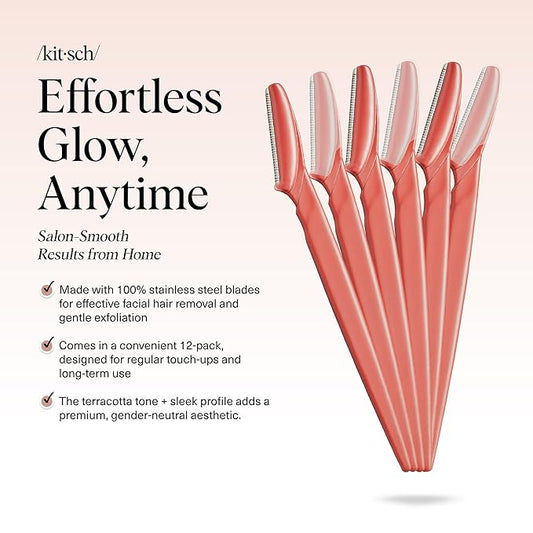 Kitsch Dermaplane Razor for Women Face - Face Razors for Women and Men - Eyebrow Trimmer, Shaver, Recycled Plastic Dermaplaning and Skin Care Tool - Coral, 6 pcs