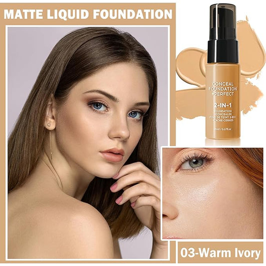 Concealer Full Coverage Foundation for Mature Skin,Oil Control Matte 2 in 1 Concealer liquid Foundation Makeup Waterproof Base De Maquillaje Alta Cobertura-03 Warm Ivory