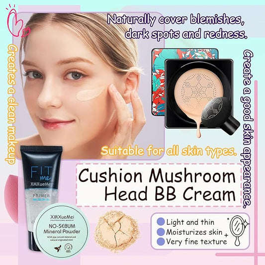 Air Cushion CC Cream Mushroom Head Foundation,Waterproof Long Lasting Loose Setting Powder,Moisturizing BB Cream Liquid Foundation Makeup Primer Concealer Base with Makeup Sponge(4PCS)