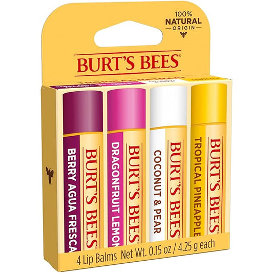 Burt's Bees Lip Balm - Berry Agua Fresca, Dragonfruit Lemon, Coconut & Pear, Tropical Pineapple Pack, With Beeswax, Tint-Free, Natural Origin Lip Treatment, 4 Tubes, 0.15 oz.