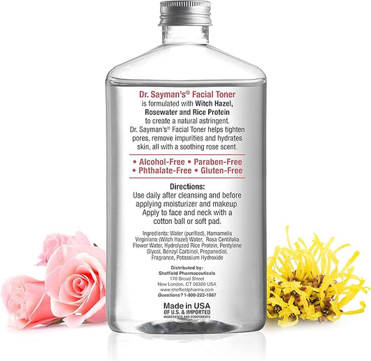 Dr. Saymans Alcohol-Free Facial Toner with Witch Hazel, Rosewater & Rice Protein, Removes Impurities & Hydrates Your Face, 9 oz